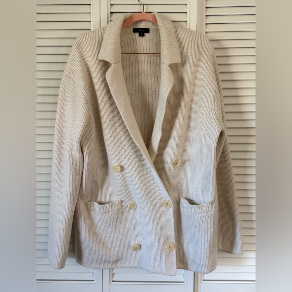 J Crew Ivory Merino Blend Knitted Double Breasted Blazer Cardigan Size L